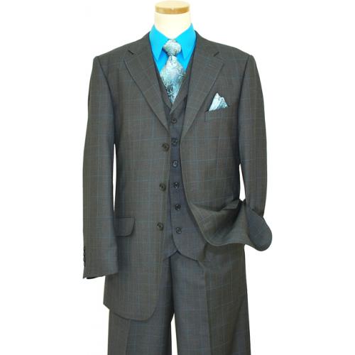 Bertolini Charcoal Grey With Turquoise Blue Windowpanes Wool & Silk Vested Suit 74052